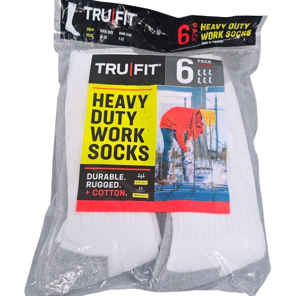 Tru Fit 6 Pack Heavy Duty Work Socks White Grey Tall Crew Mens Shoe 7-12 W1020-6